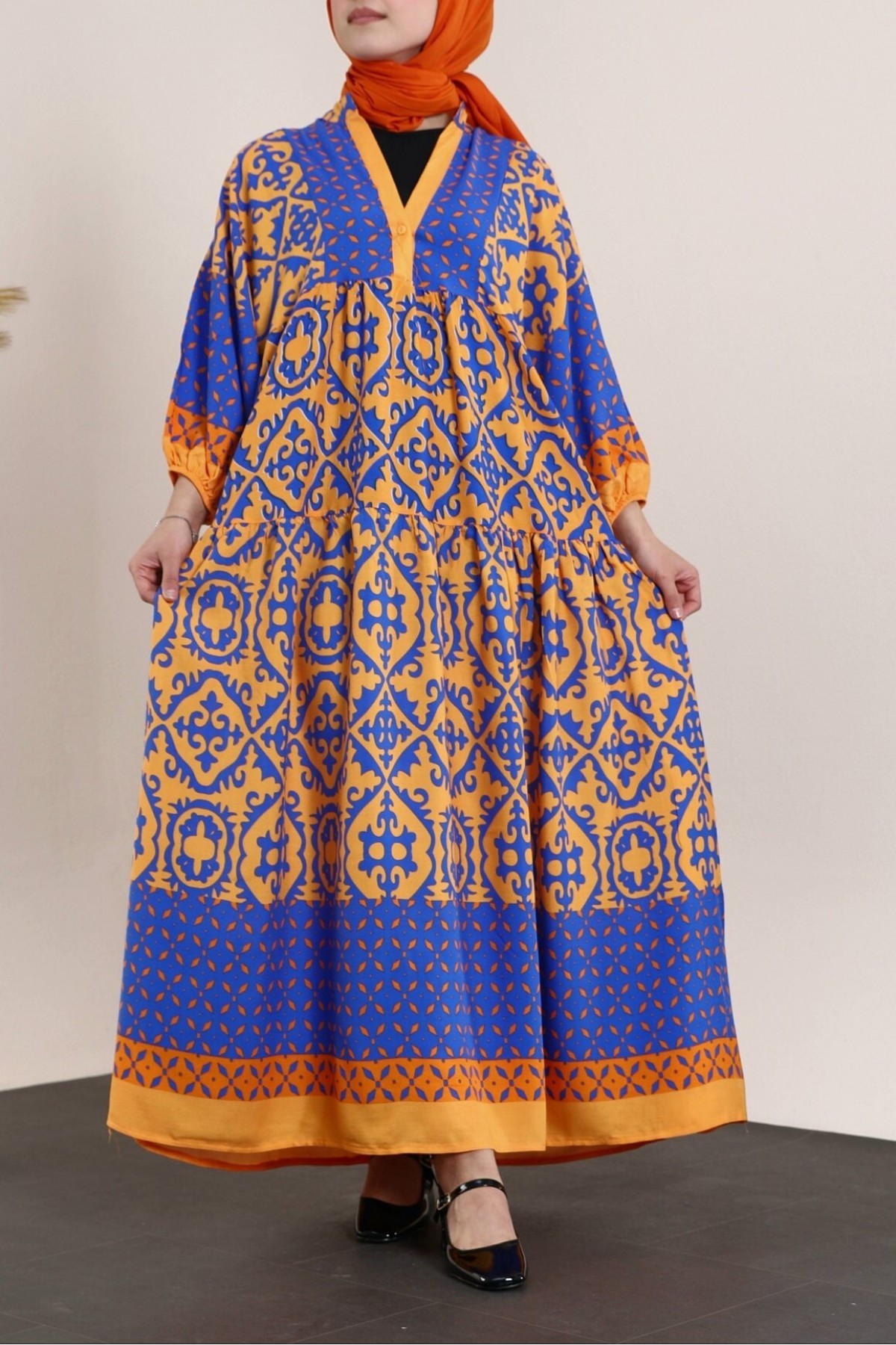 V-Neck Bat Sleeve Piece Viscose Dress -Orange