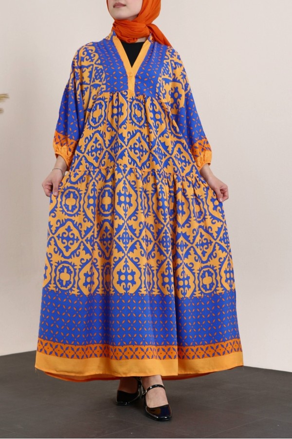 V-Neck Bat Sleeve Piece Viscose Dress -Orange
