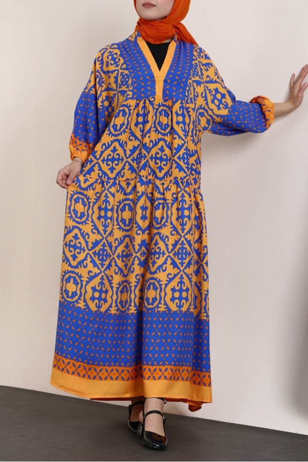 V-Neck Bat Sleeve Piece Viscose Dress -Orange