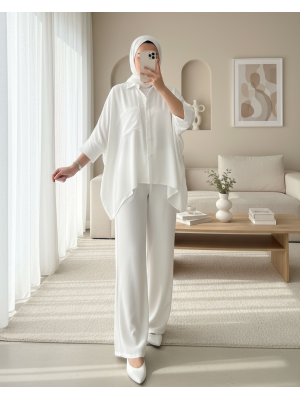 Çift Cepli Yarım Yarasa Kol Salaş Gömlek Takım   -Beyaz