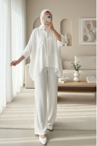 Çift Cepli Yarım Yarasa Kol Salaş Gömlek Takım   -Beyaz