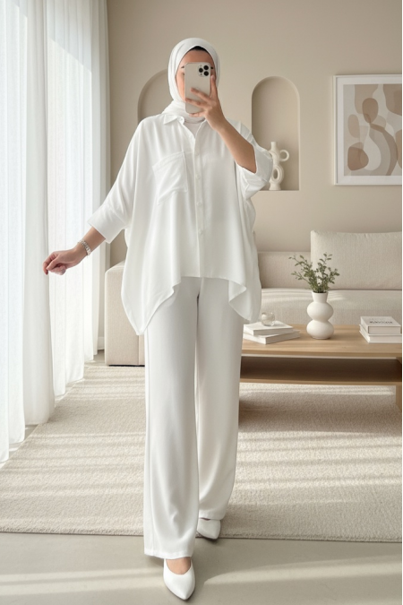 Çift Cepli Yarım Yarasa Kol Salaş Gömlek Takım   -Beyaz