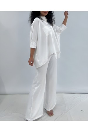 Double Pocket Half Bat Sleeve Loose Shirt Set   -White