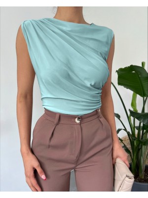 Bisiklet Yaka Sıfır Kol Sandy Bluz  -Mint