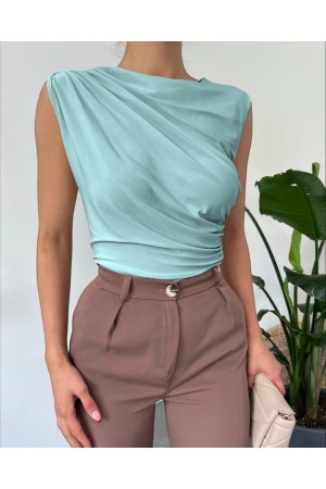 Bisiklet Yaka Sıfır Kol Sandy Bluz  -Mint