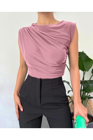 Bisiklet Yaka Sıfır Kol Sandy Bluz  -Pudra