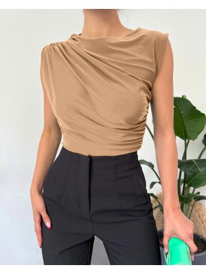 Bisiklet Yaka Sıfır Kol Sandy Bluz  -Vizon