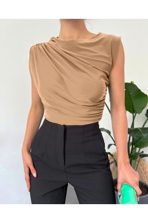 Bisiklet Yaka Sıfır Kol Sandy Bluz  -Vizon