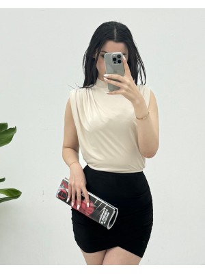 Sıfır Kol Vatkalı Sandy Bluz -Bej