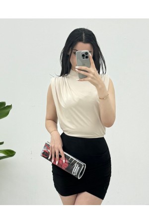 Sıfır Kol Vatkalı Sandy Bluz -Bej