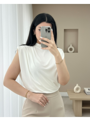 Sıfır Kol Vatkalı Sandy Bluz -Beyaz