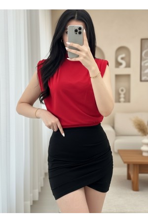 Sıfır Kol Vatkalı Sandy Bluz -Kırmızı