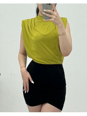 Sıfır Kol Vatkalı Sandy Bluz -Yağ Yeşili