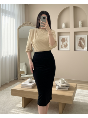 İçi Tulumlu Omuzdan Büzgülü Vatkalı Sendy Bluz -Bej