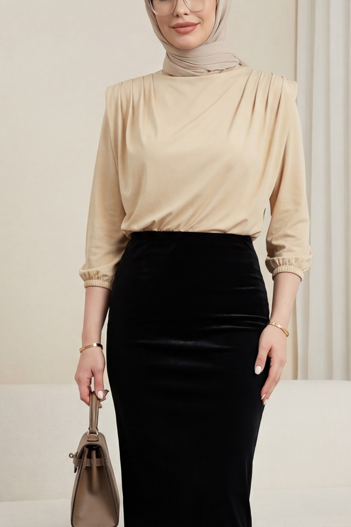 Sendy Blouse with Overalls Inside, Gathered Shoulder and Padding  - Beige