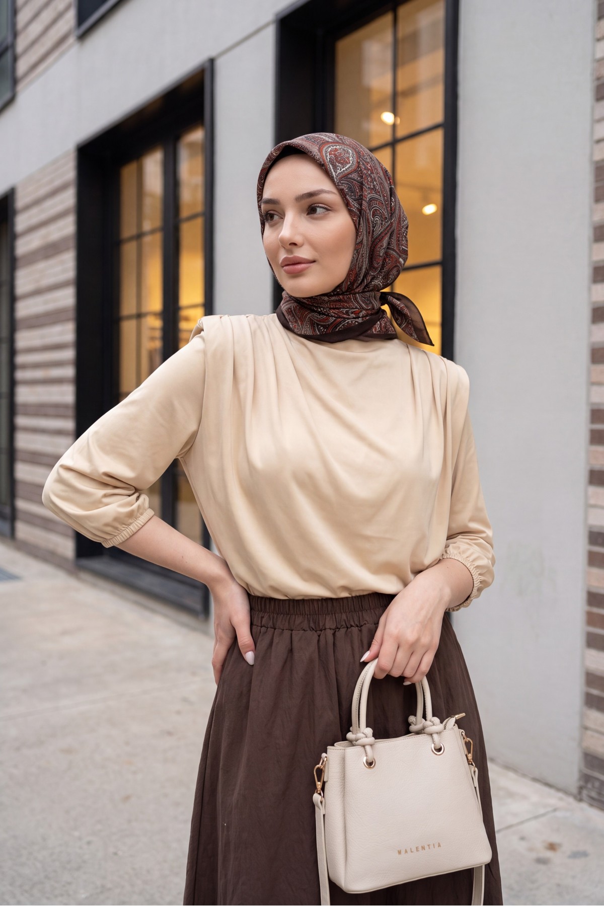 Sendy Blouse with Overalls Inside, Gathered Shoulder and Padding  - Beige