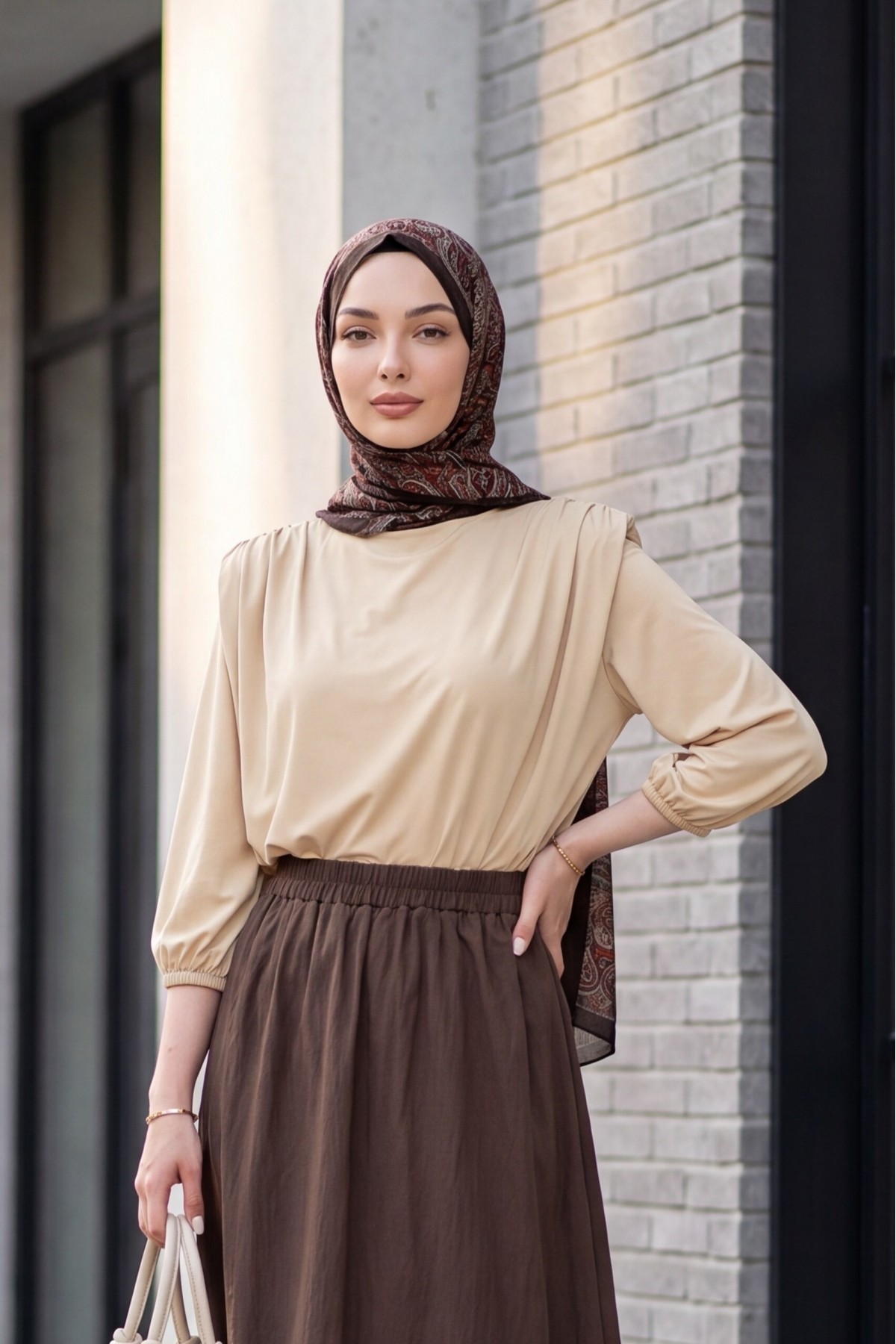 Sendy Blouse with Overalls Inside, Gathered Shoulder and Padding  - Beige