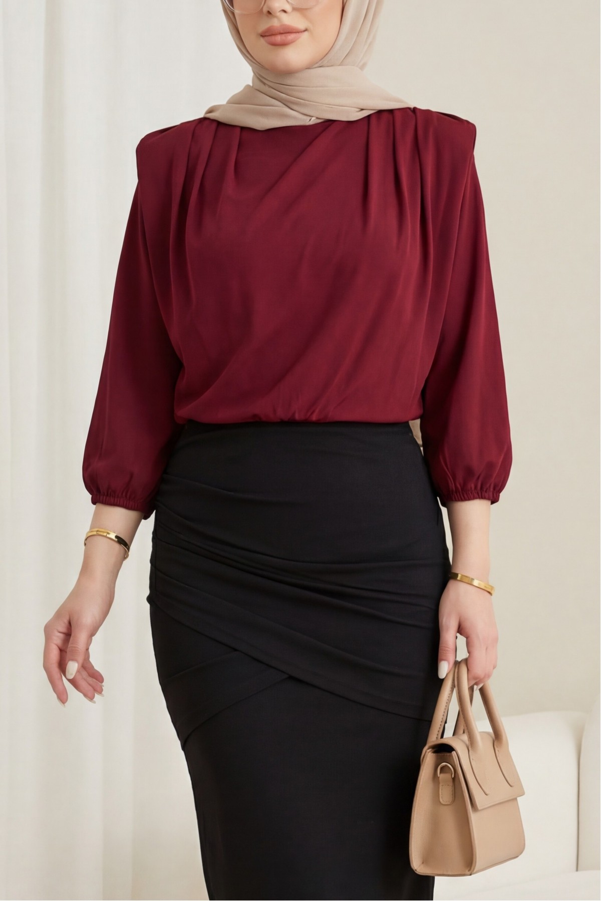 Sendy Blouse with Overalls Inside, Gathered Shoulder and Padding  -Maroon
