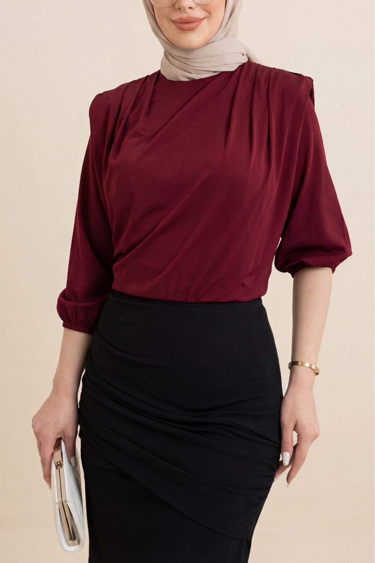 Sendy Blouse with Overalls Inside, Gathered Shoulder and Padding  -Maroon