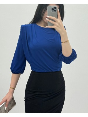 İçi Tulumlu Omuzdan Büzgülü Vatkalı Sendy Bluz -Saks