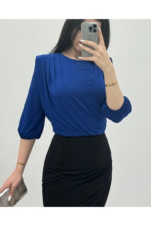 İçi Tulumlu Omuzdan Büzgülü Vatkalı Sendy Bluz -Saks