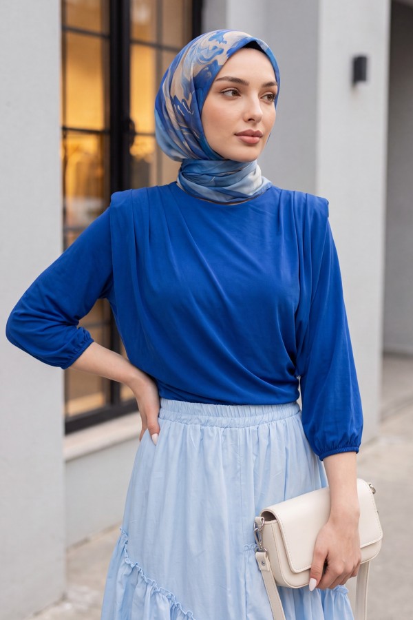 İçi Tulumlu Omuzdan Büzgülü Vatkalı Sendy Bluz -Saks
