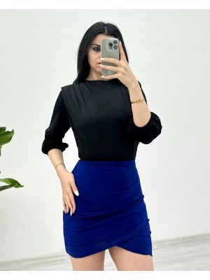 İçi Tulumlu Omuzdan Büzgülü Vatkalı Sendy Bluz -Siyah