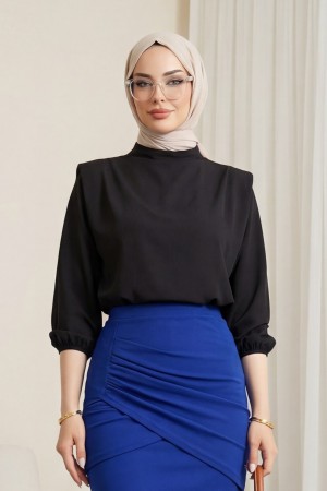 İçi Tulumlu Omuzdan Büzgülü Vatkalı Sendy Bluz -Siyah
