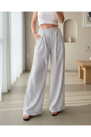 Beli Bağlamalı Bol Paça Çizgili Cepli Pantolon  -Beyaz