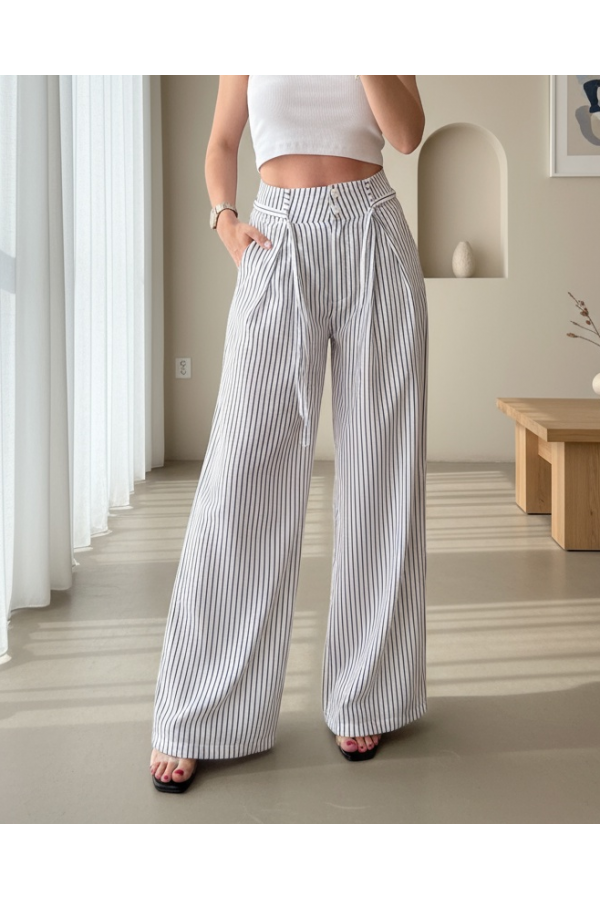Tie Waist Wide Leg Striped Pocket Trousers -White