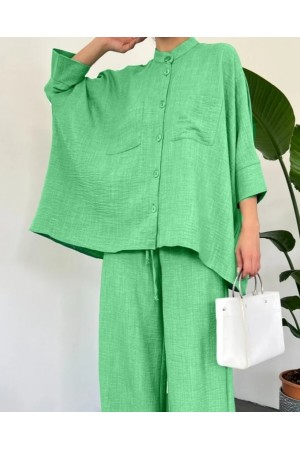 Double Pocket Half Bat Sleeve Loose Shirt Set    -LIGHT GREEN