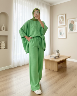 Double Pocket Half Bat Sleeve Loose Shirt Set    -LIGHT GREEN