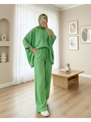 Çift Cepli Yarım Yarasa Kol Salaş Gömlek Takım    -A.Yeşil