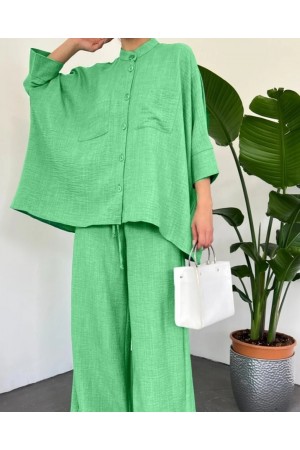 Double Pocket Half Bat Sleeve Loose Shirt Set    -LIGHT GREEN