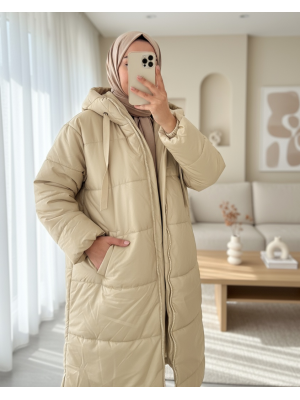 Kapşonlu Bağcık Detaylı Fermuarlı Şişme Mont -Açık Vizon