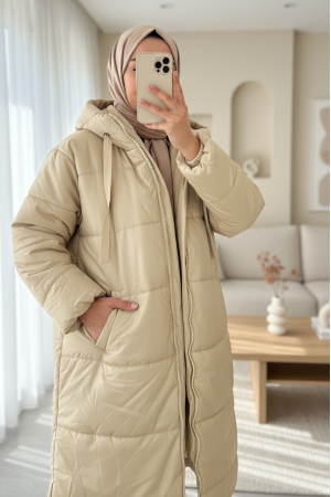 Kapşonlu Bağcık Detaylı Fermuarlı Şişme Mont -Açık Vizon