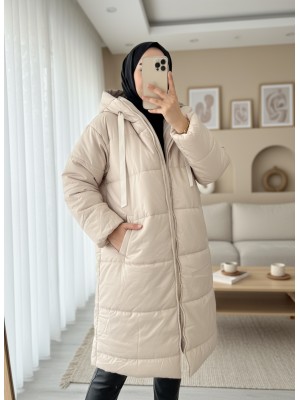 Kapşonlu Bağcık Detaylı Fermuarlı Şişme Mont -Ekru