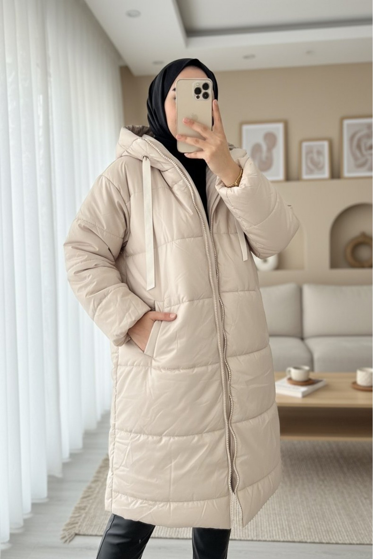 Hooded Lace Detail Zippered Puffer Jacket -Ecru