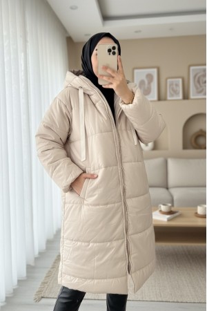 Kapşonlu Bağcık Detaylı Fermuarlı Şişme Mont -Ekru