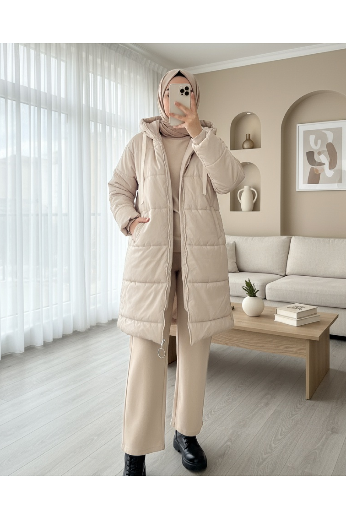 Hooded Lace Detail Zippered Puffer Jacket -Ecru