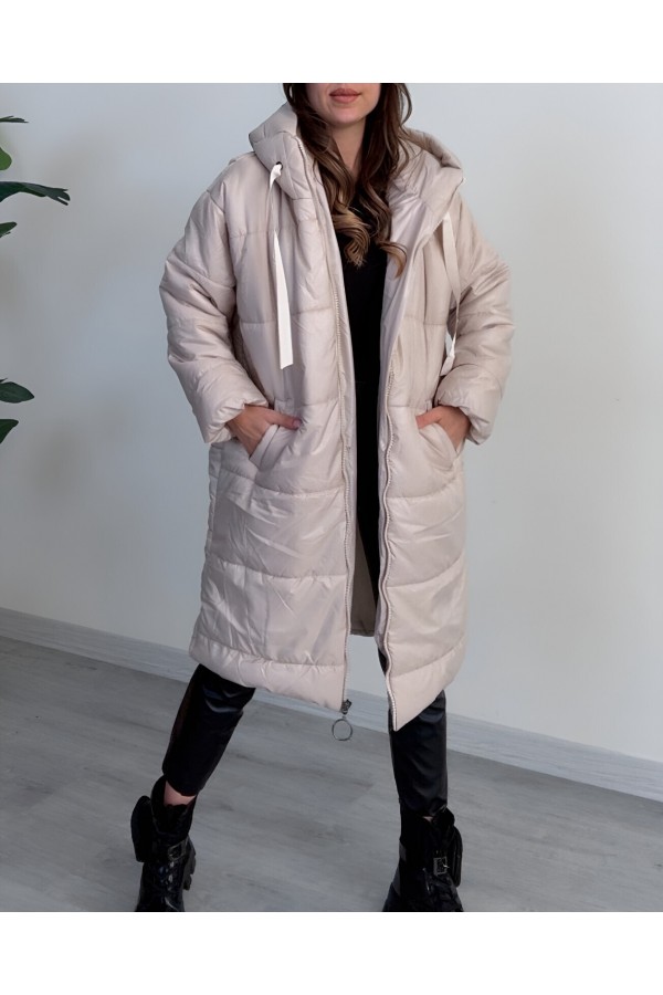 Hooded Lace Detail Zippered Puffer Jacket -Ecru