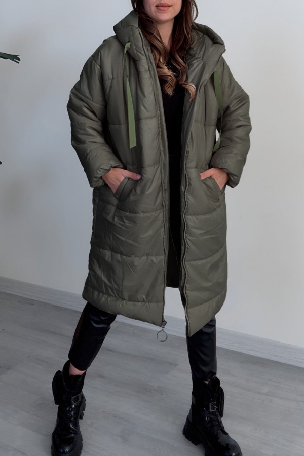 Hooded Lace Detail Zippered Puffer Jacket -Khaki