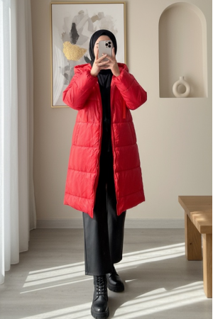 Kapşonlu Bağcık Detaylı Fermuarlı Şişme Mont -Kırmızı