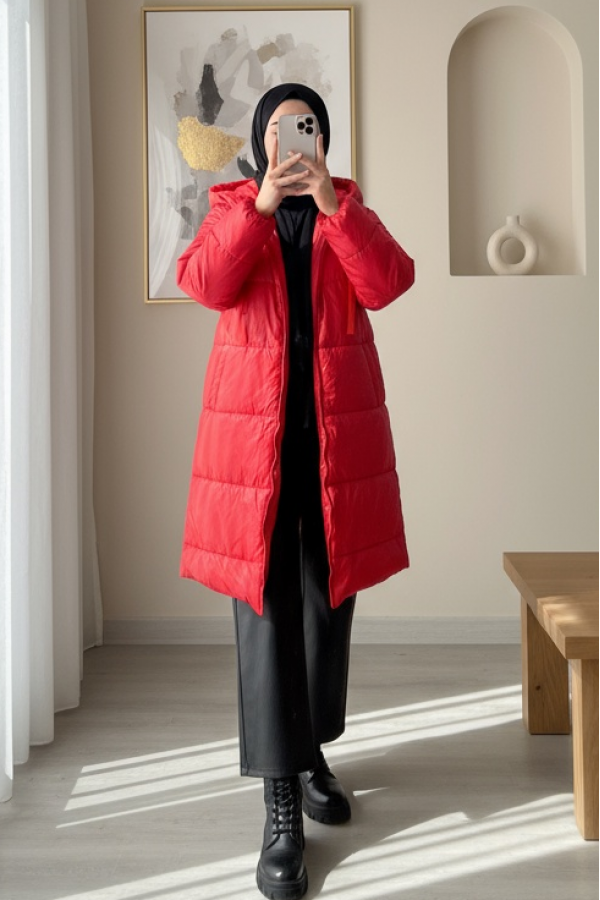 Hooded Lace Detail Zippered Puffer Jacket -Red