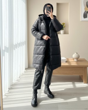 Kapşonlu Bağcık Detaylı Fermuarlı Şişme Mont -Siyah