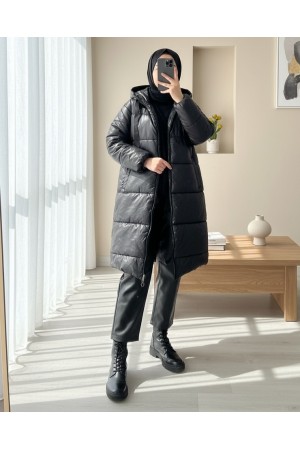 Kapşonlu Bağcık Detaylı Fermuarlı Şişme Mont -Siyah