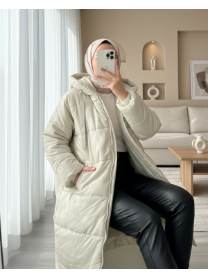 Kapşonlu Bağcık Detaylı Fermuarlı Şişme Mont -Taş