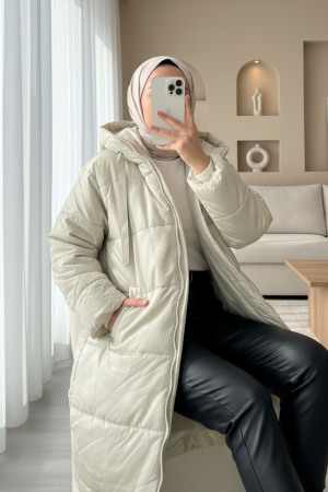 Kapşonlu Bağcık Detaylı Fermuarlı Şişme Mont -Taş