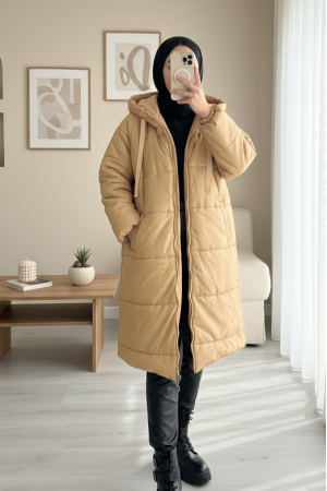 Kapşonlu Bağcık Detaylı Fermuarlı Şişme Mont -Vizon