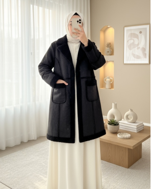 Leather Jacket with Plush Inside and Snap Pockets -Black